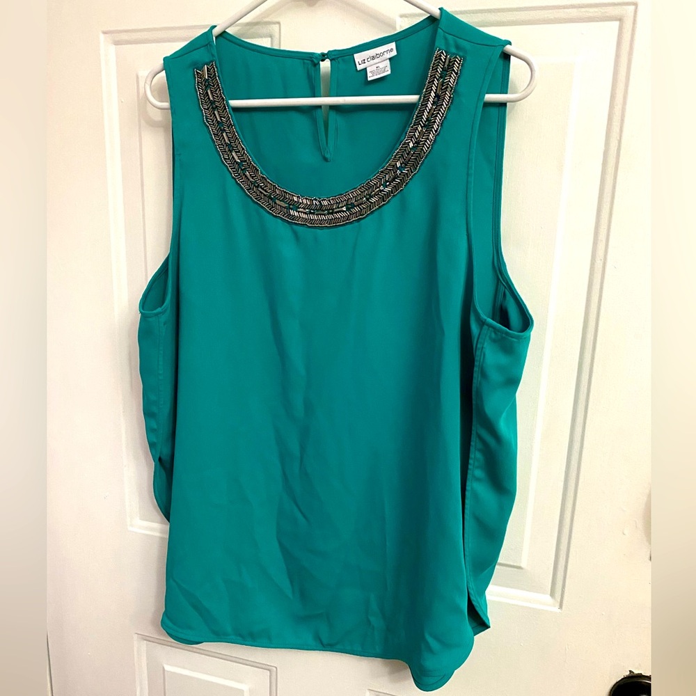 Liz Claiborne Teal Sleeveless Top with Embellished Neckline, XL